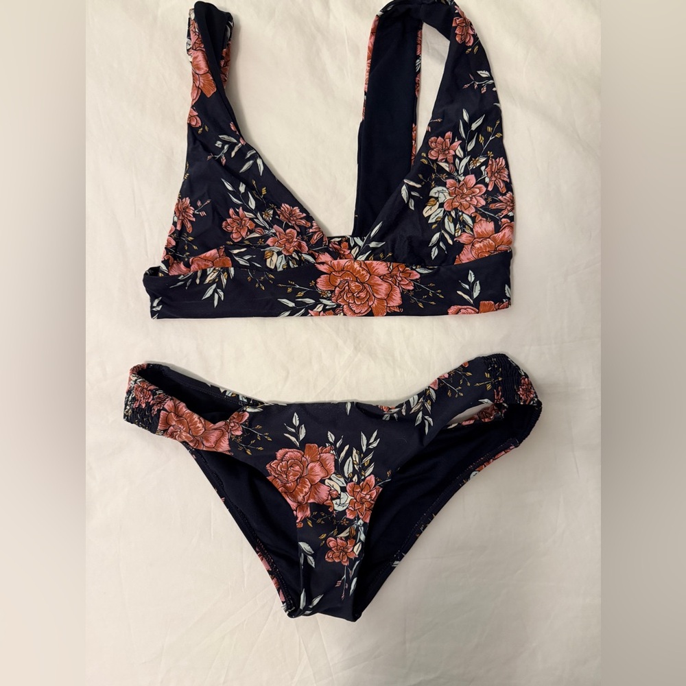 Floral Bikini Set with Pink and Black Design